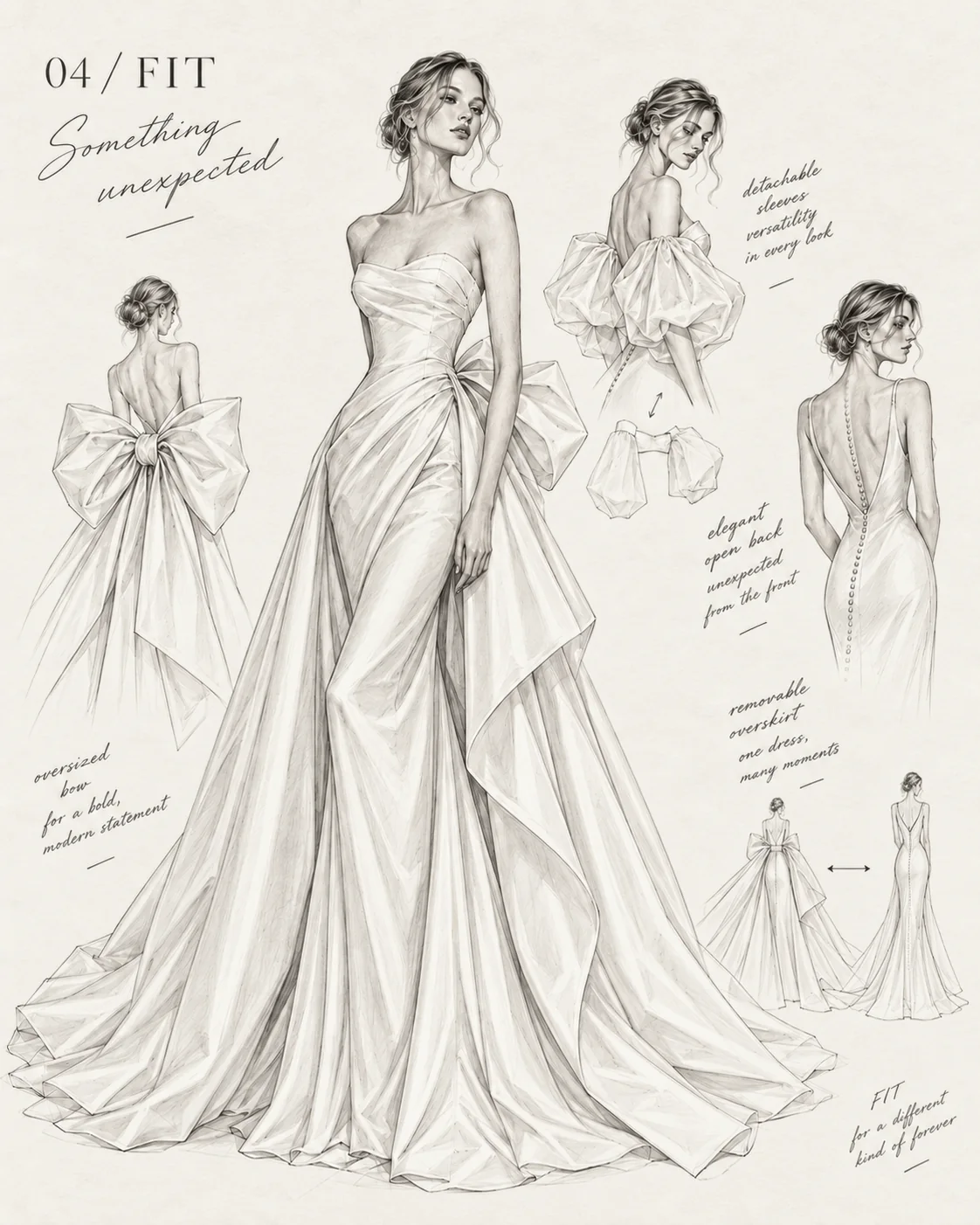 Bespoke wedding dress fit illustration showing one gown transformed — detachable puff sleeves, a removable overskirt, an oversized back bow and an elegant open back — BOE Bridal design service