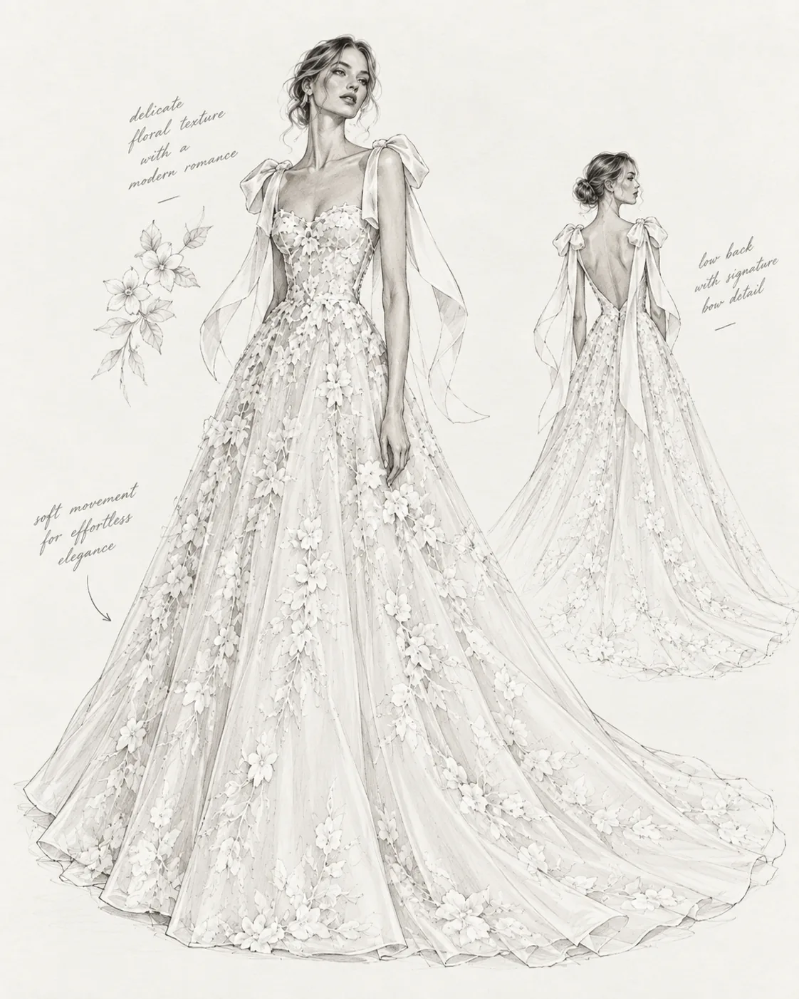 Bespoke wedding dress sketch of a floral lace ball gown with ribbon bow shoulder straps and a low back — BOE Bridal design service