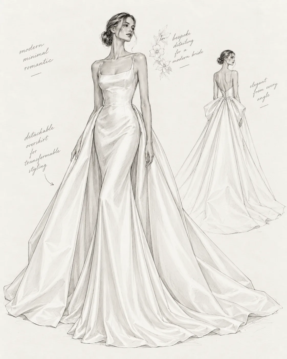Bespoke wedding dress sketch of a minimal square-neck satin gown with a detachable overskirt and low bow back — BOE Bridal design service