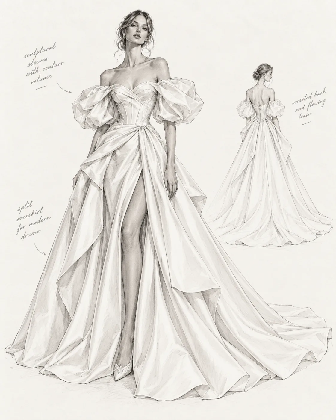 Bespoke wedding dress sketch with sculptural off-shoulder sleeves, corseted bodice and a split overskirt with flowing train — BOE Bridal design service
