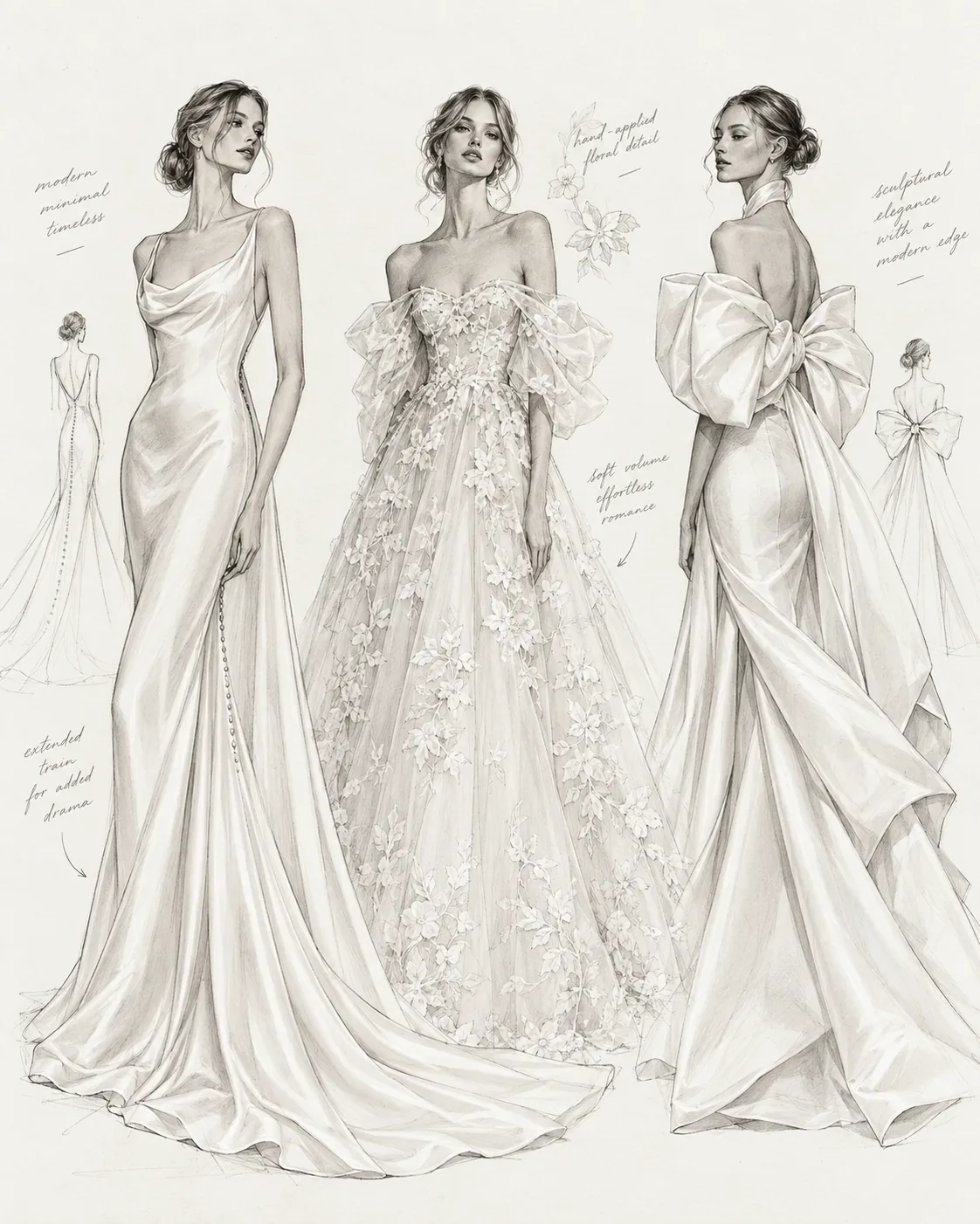 Bespoke bridal illustration showing three wedding dress silhouettes — a cowl-neck satin column, a floral appliqué ball gown and a sculptural satin bow — hand sketched for BOE Bridal