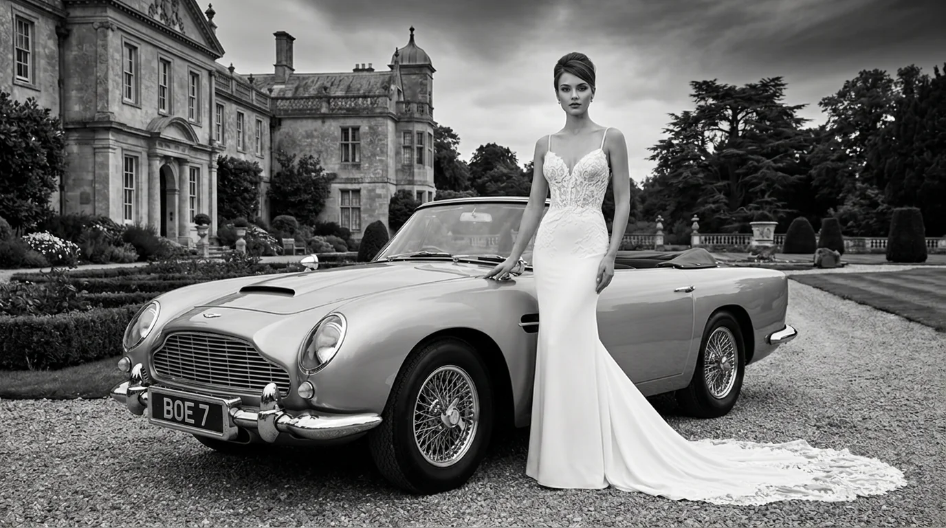 Bride beside a classic silver sports car at a country house — BOE campaign