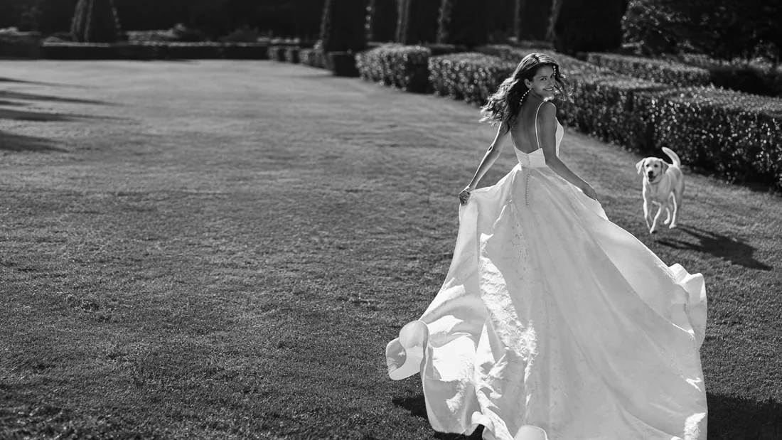 Bride in a flowing A-line wedding dress walking through a formal country garden with a Labrador running behind her, photographed in black and white — BOE Bridal, Eccleshall