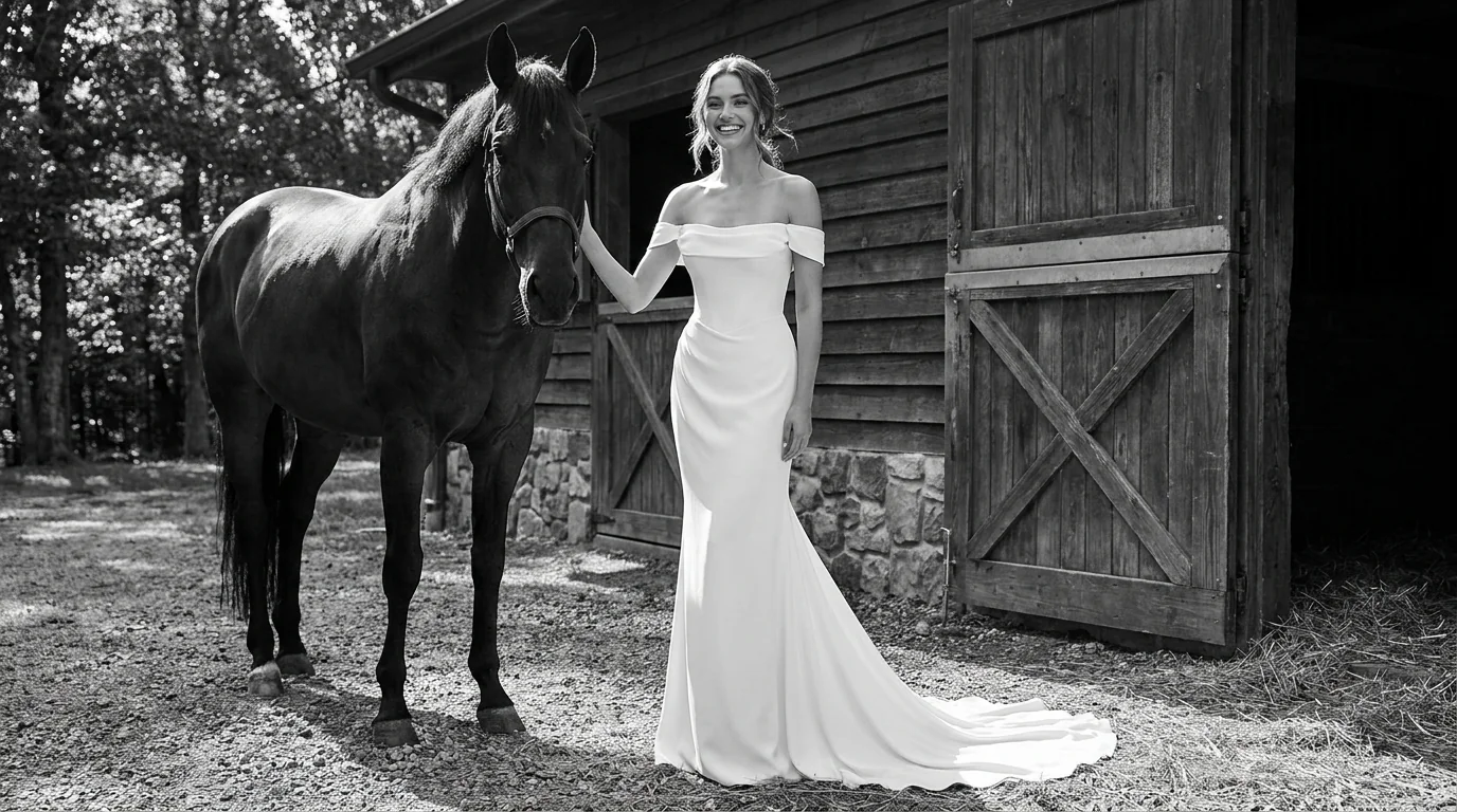 Bride with a horse outside a wooden barn — BOE private appointment